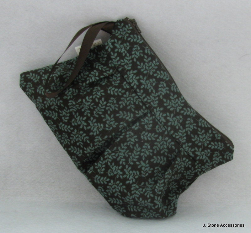 Women's Wristlet, Pleated Wristlet, Brown with Teal Leaf Print Pleated Wristlet