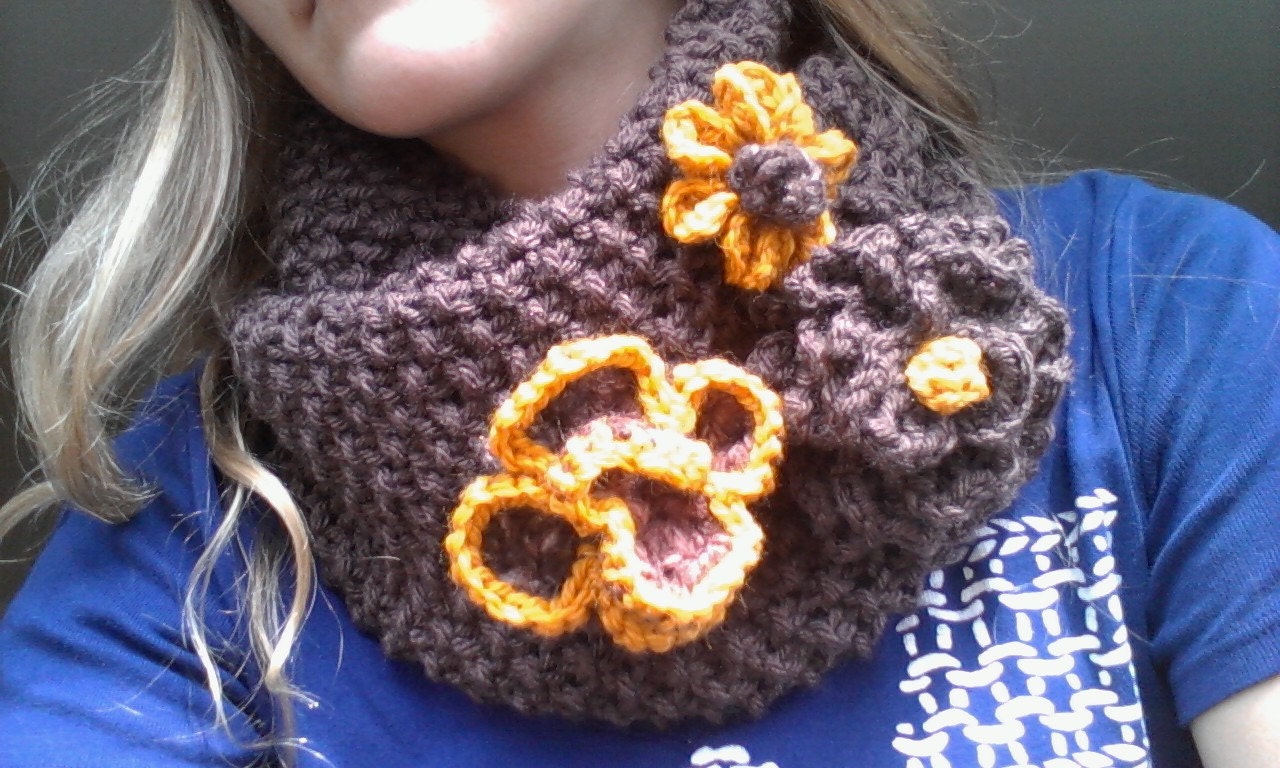 Hand Knit Floral Infinity Scarf