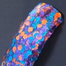 Cameo Appearance: hand mixed glitter nail polish purple, blue orange Full size .5 oz.
