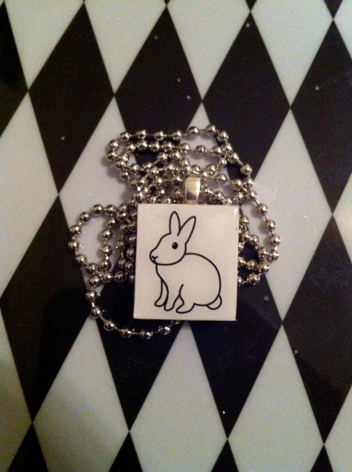 White Bunny Rabbit Scrabble Tile Pendant Necklace