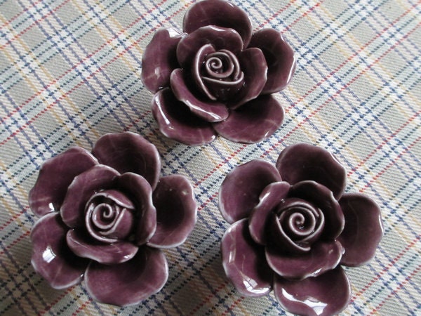 Handmade Ceramic Knob Rose Flower Dark Purple / Shabby Cottage Chic Unique Dresser Cabinet Pull Handles Valentines Day Gift Home Decor