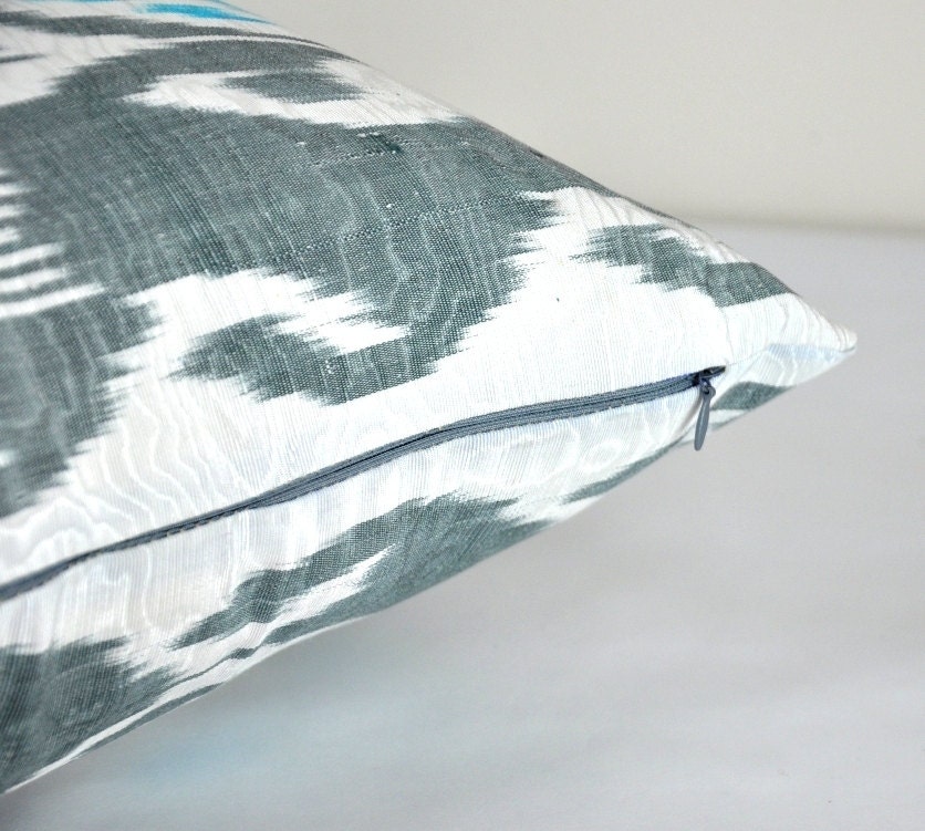 Grey and turquoise blue Pillow cover Ikat- Fabric hand loomed- Used natural dyes(Shipping from London,UK)