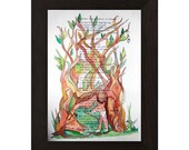 Foxes hiding under tree roots -Original watercolour and ink illustration of poem The Owl and the Fox