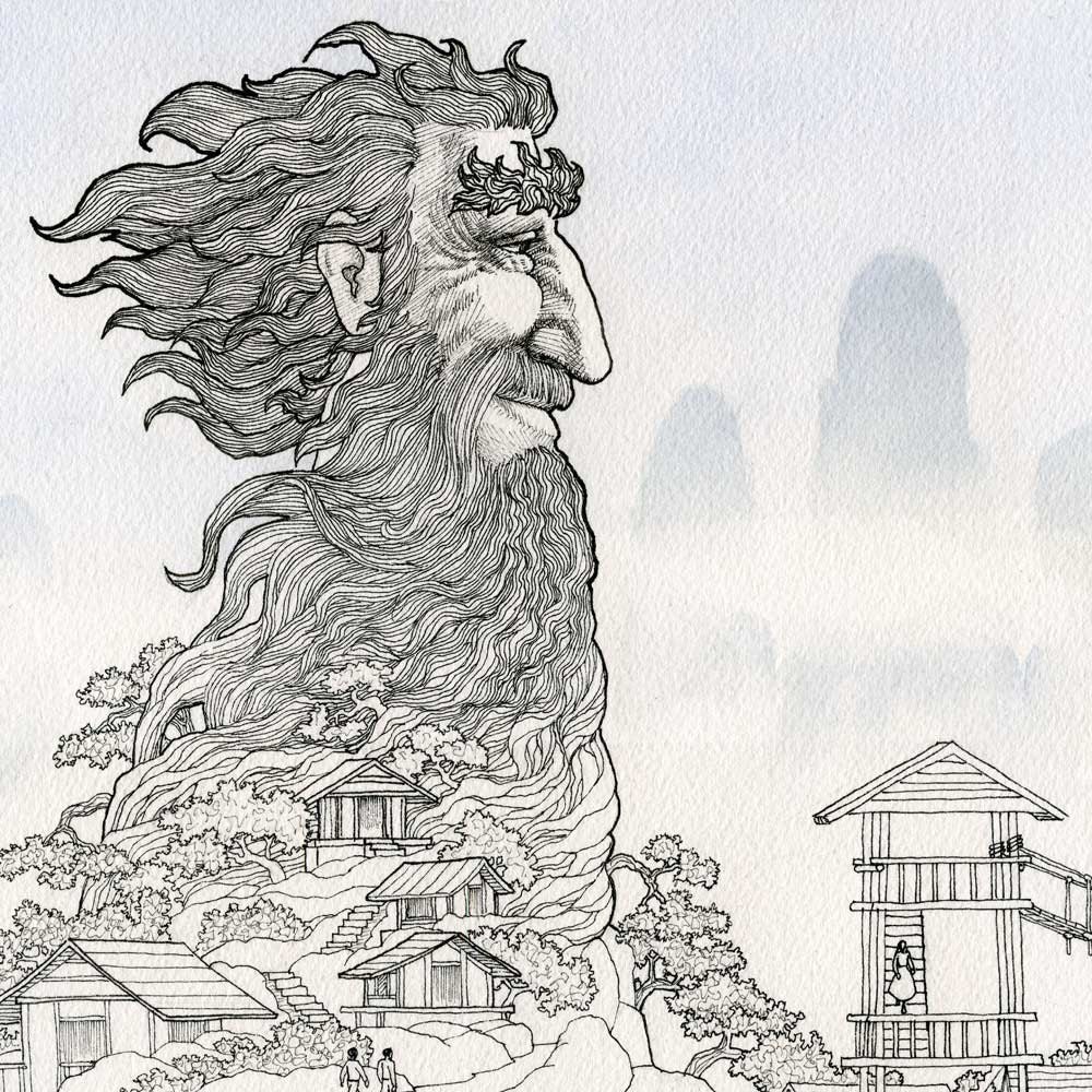 Bonsai.  An intricate and magical world, a black, white, and watercolor drawing, a joyful, original art print