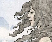 Gaia.  Earth Goddess, sacred spirit, serenity, black, white, watercolor drawing, painting, fine original art print.