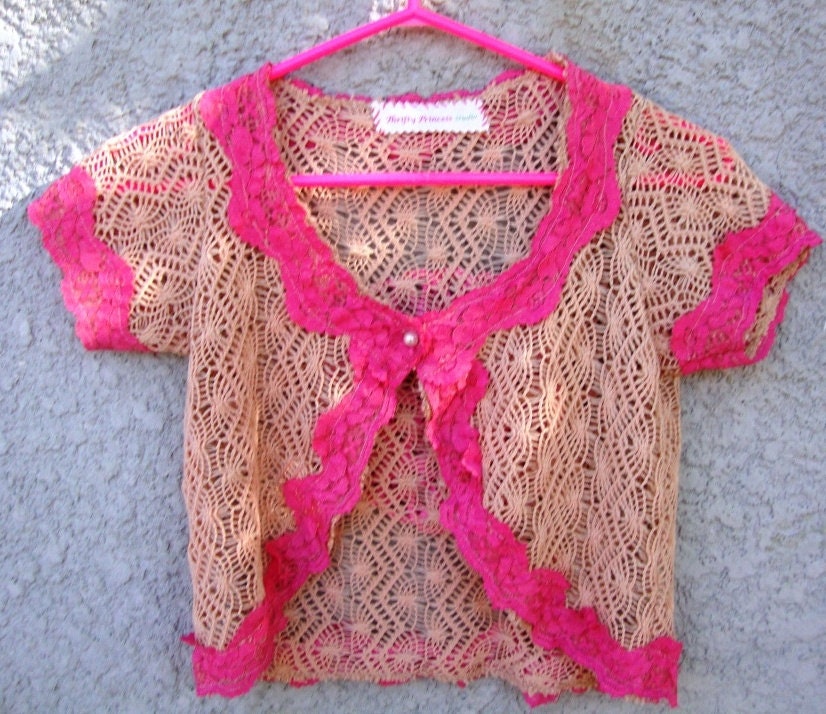Sweet Romantic Recycled Pink Crochet Sweater with Lace