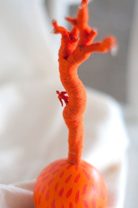 Adjustment - Little story on a block - assemblage art sculpture - orange