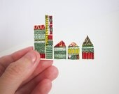 Geometric house city town toy scene illustrated plastic brooch.bright patterned.indie brooch.geometric illustration.