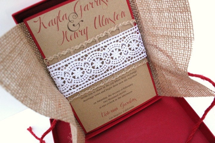 Wedding Invitations Burlap Lace with Red Accents and Box