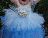 Peplum skirted tutu dress with crochet bodice and two color tulle skirt (optional liner) with hand-made head piece and crochet sandals.