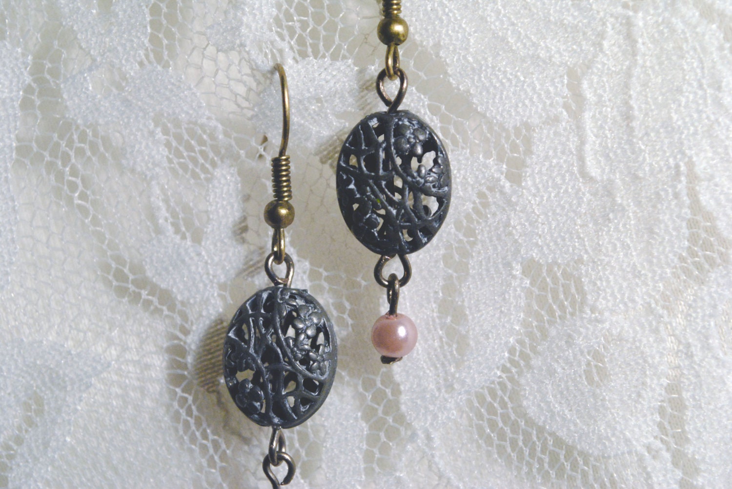 Metal Charm Dangle Earring - Valentine's Day,  pink pearl bead, metal lace charm