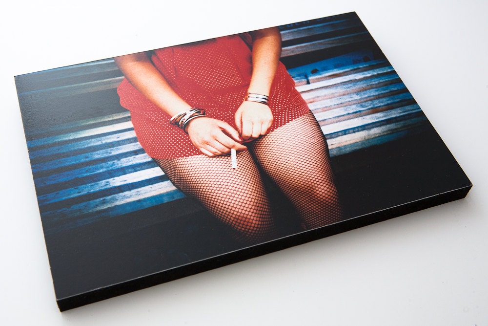 Portrait of a Girl in a red dress and fishnets Print.  9" by 6" Wooden block mounted Lomo Photograph. Shot on Film.
