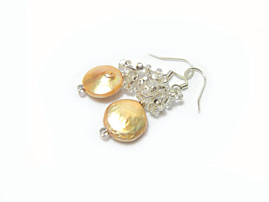 Beige cream earrings Light golden earrings pearl Shiny earringson silver Israeli Free shipping