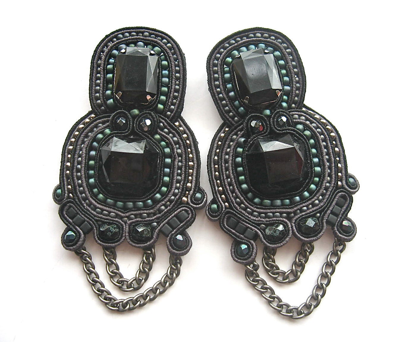 DARK KNIGHT  soutache earrings in black, gunmetal and iris teal - BlackMarketJewels