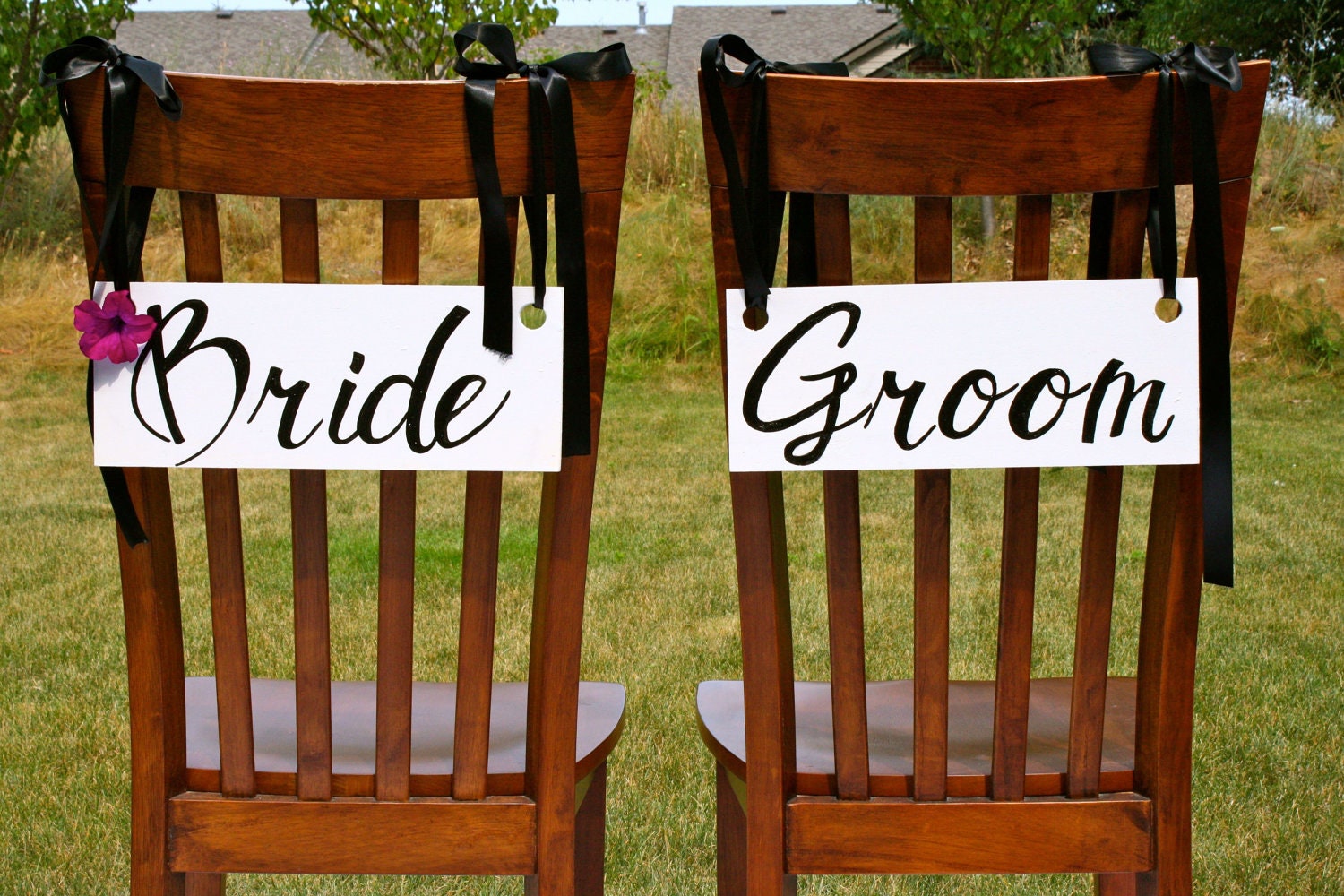 BRIDE & GROOM signs with RIBBON - Wooden with custom satin ribbon - spring summer wedding sign Mr. Mrs. sign shower