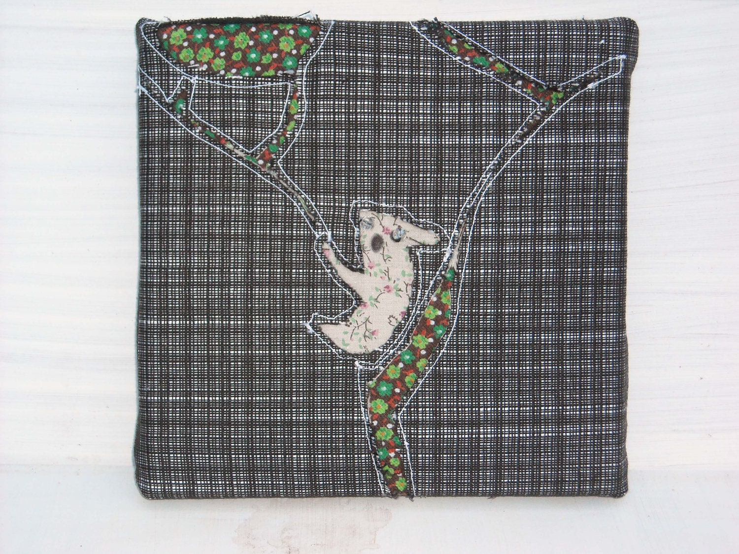 Koala on a tree silhouette with vintage fabric and beads - TreeChanger