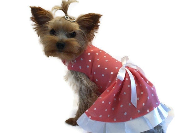 Dog Dress, Peach / White Polka Dot  Size Small