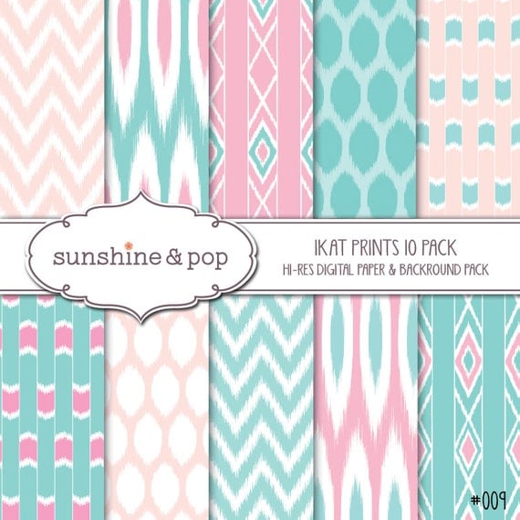 INSTANT DOWNLOAD - Ikat Digital Papers Pink Teal Prints- 10 Digital Papers - perfect for scrapbooking, invitations, and all paper crafts Il_570xn