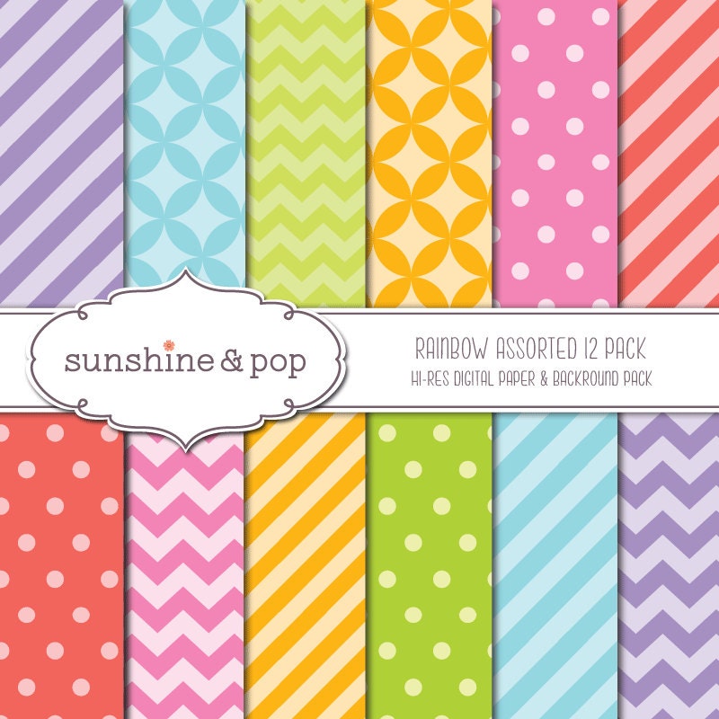 INSTANT DOWNLOAD - Rainbow Circus Patterns 12 Pack - chevron, polka dot, stripes, lattice - backgrounds and scrapbook paper Il_570xn