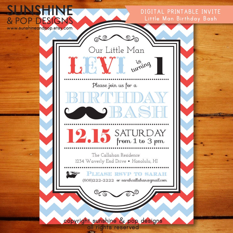 Little Man Mustache Birthday Printable Invitations - CHOOSE YOUR COLOR - Printable Custom Invitations Il_570xn