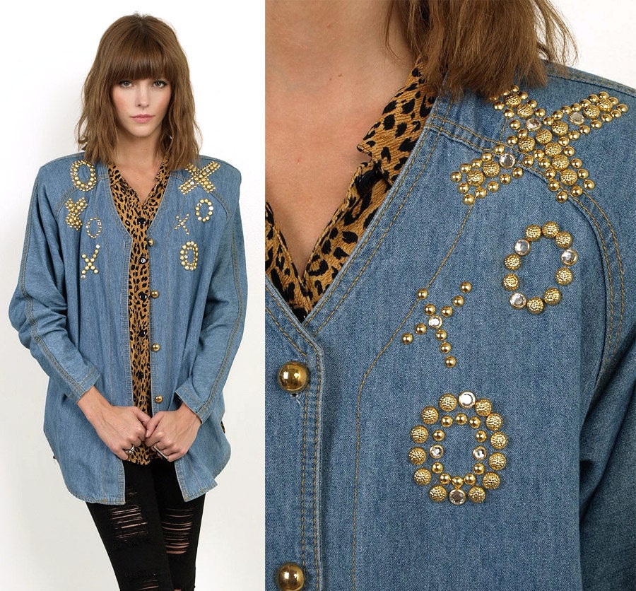 50% OFF SALE 90's Denim Studded Gold XO Button Up Jean Shirt Jacket s/m