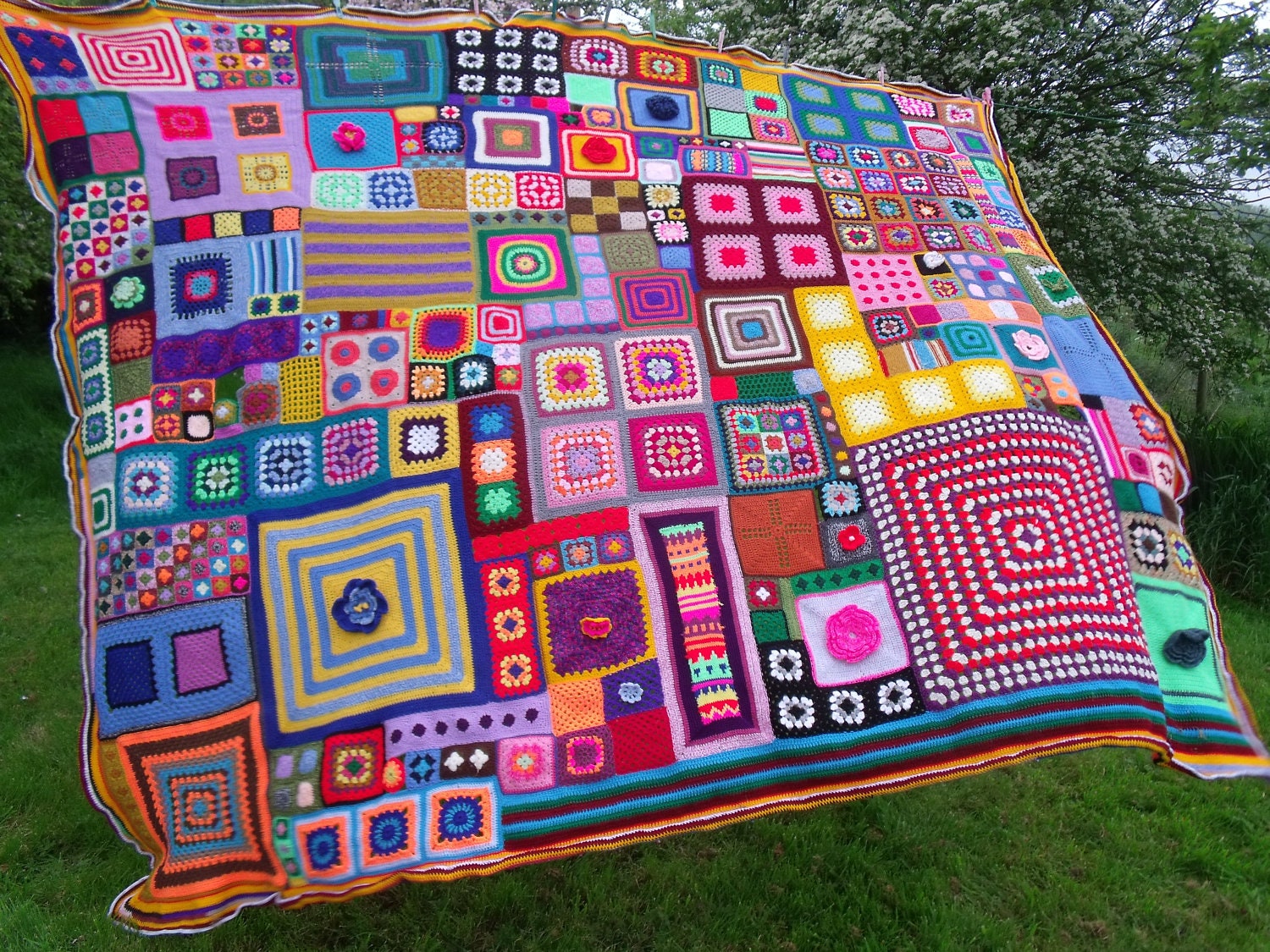 Large Patchwork Crochet Blanket. queen sized XL Psychedelic Hippie Boho