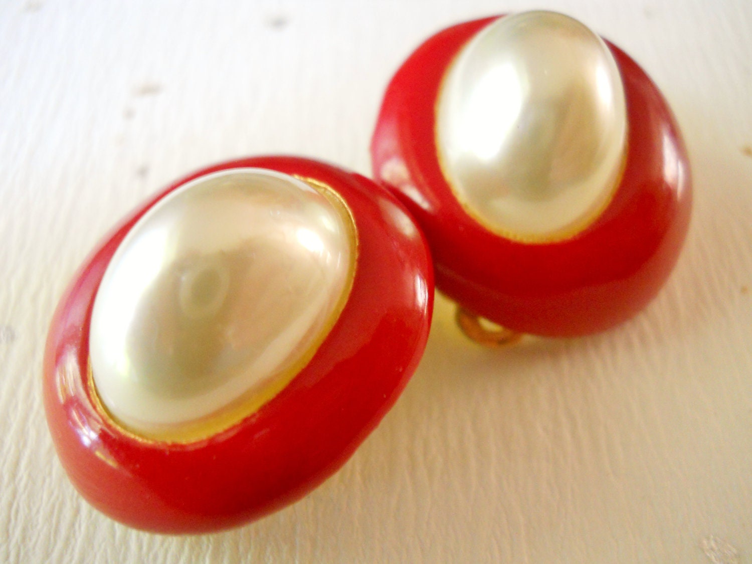 Vintage Earrings KENNETH J LANE (KJL) Faux Pearl & Red Enamel