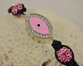 Rhinestone Encrusted  Evil Eye Pink Amulet Shamballa Bracelet with Hematite Beads FREE SHIPPING USA