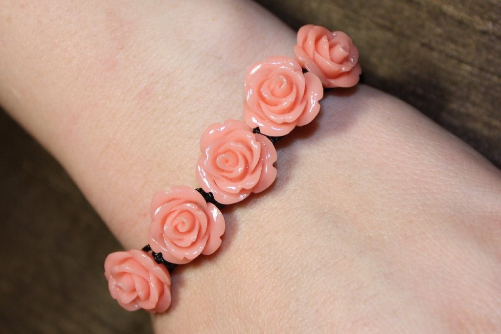 Pink Rose Floral Shamballa Bracelet with Glass Beads FREE SHIPPING USA