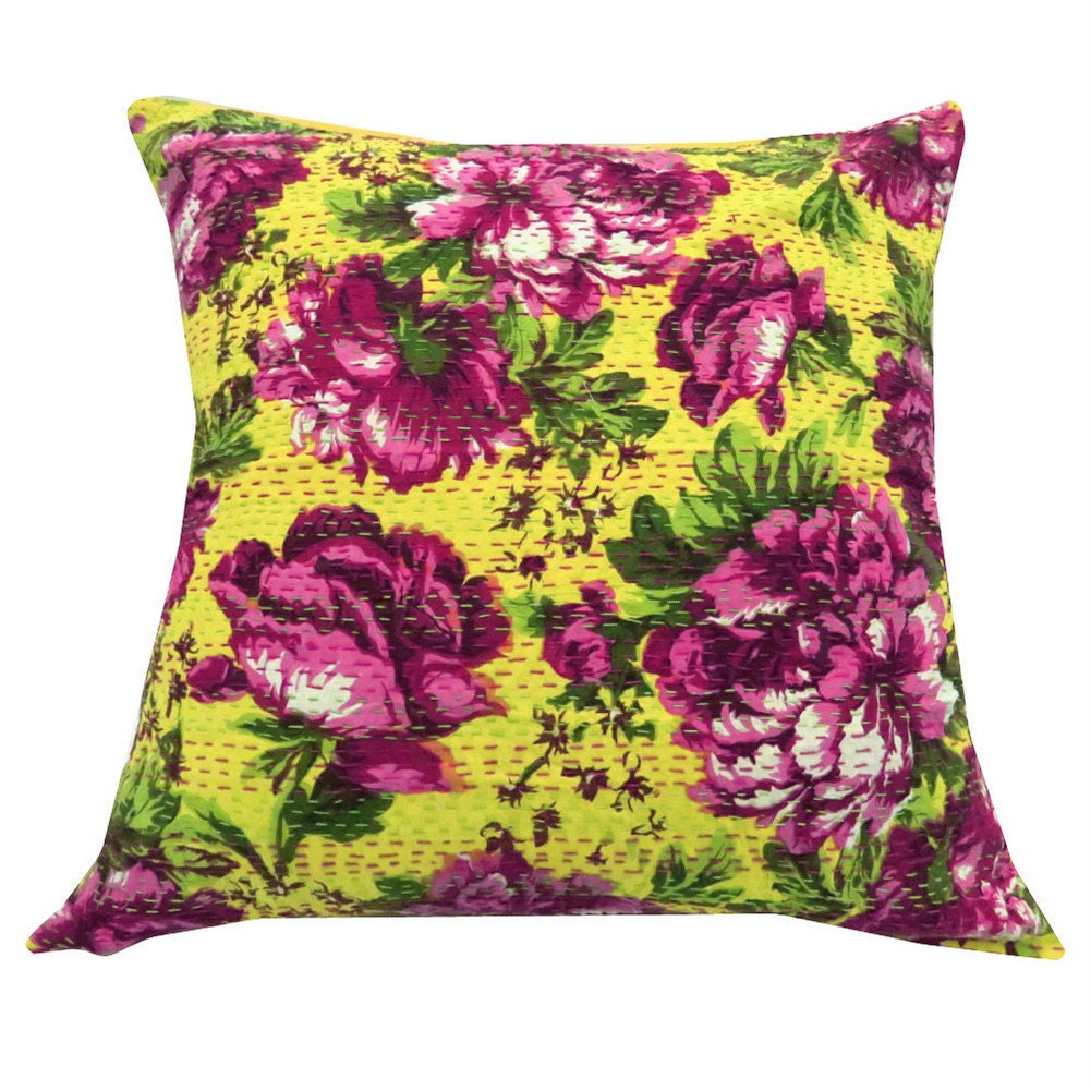 24x24 Free Shipping Handmade Floral Kantha Embroidered Cotton Cushion Cover Indian Decorative Throw Yellow Pillow Cover - PL4336