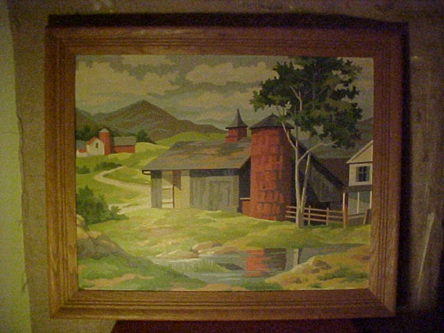 Vintage Paint by Number - Countryside Barns Mountains Farm - Framed & signed 1962