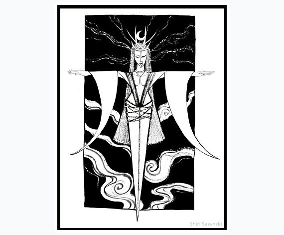 Queen of Swords: Ereshkigal- Tarot card art - black and white fantasy / pagan / wiccan /underworld Goddess art- 8.5 x11 archival art print