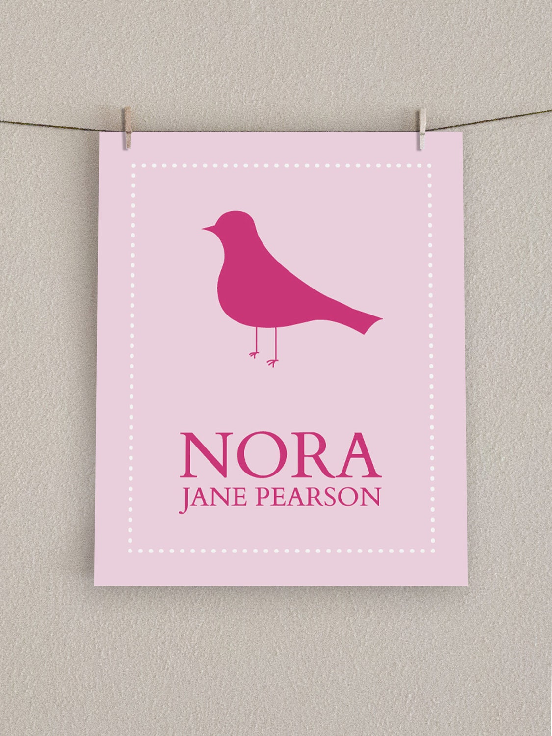 Baby Girl Nursery Print - Pink Bird Wall Art with Child's Name, 8x10