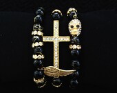 SALE - Gold Drizzled Black Beaded Arm Candy Set with Feather Charms and Rhinestone Accents
