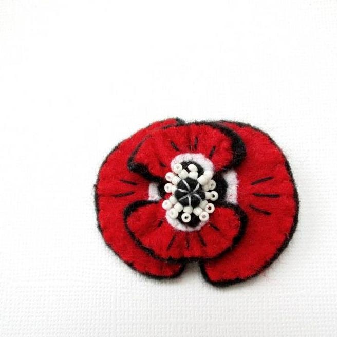 Felt Brooch Poppy, Hand Cut And Hand Stitched Flower, White, Red And Black Felt , Handmade Jewelry, White Beads, Hand Cut Brooch
