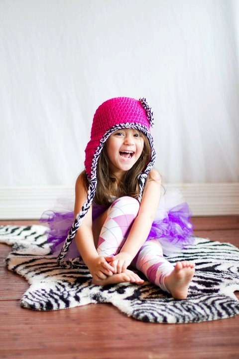 Hot pink with Zebra trim Ear Flap hat with Flower