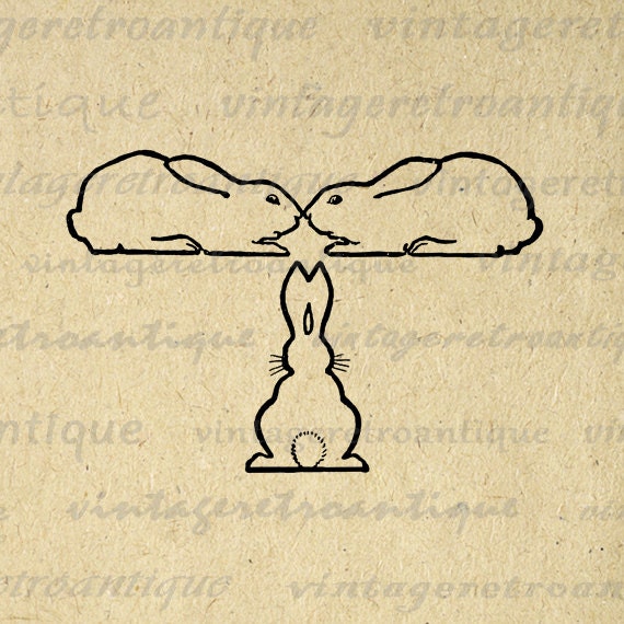 Three Rabbits Digital Graphic Image Cute Bunny Easter Download Printable Antique Clip Art for Transfers HQ 300dpi No.427