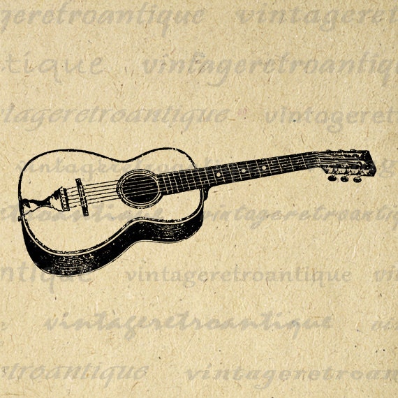 Digital Acoustic Guitar Image Printable Music Download Illustration Graphic Antique Clip Art for Transfers etc HQ 300dpi No.1165