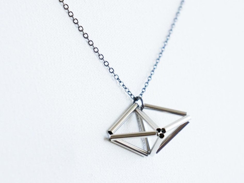 Irusia // Handmade Geometric Necklace - 3D Triangle  Silver Brass Tubes Modern Minimalist