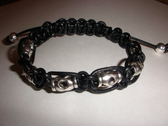 Shamballa bracelet with black leather and unique silver beads..Can be for men or women. Adjustable.  FREE SHIPPING USA