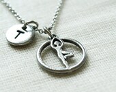 Yoga Tree pose charm, initial necklace, initial hand stamped, Personalized necklace, antique silver pewter