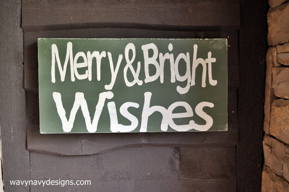 Christmas Sign, Christmas Decoration, Typography Word Art Sign - Merry & Bright Wishes - Hand Painted Custom Wood Sign