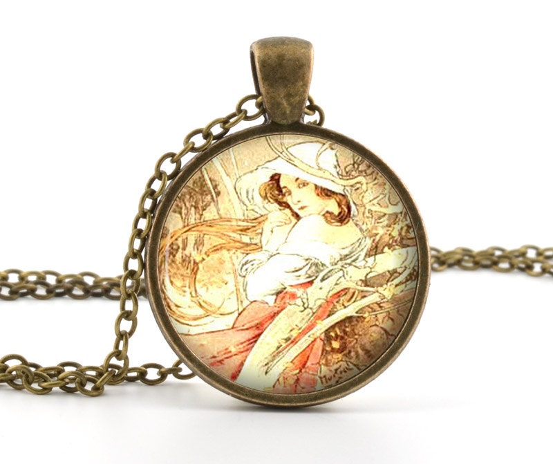 Mucha Necklace Pendant - Mucha Jewelry - Antique Style Alphonse Mucha Art - Vintage November Painting - Picture Pendant - Gift Bag Included
