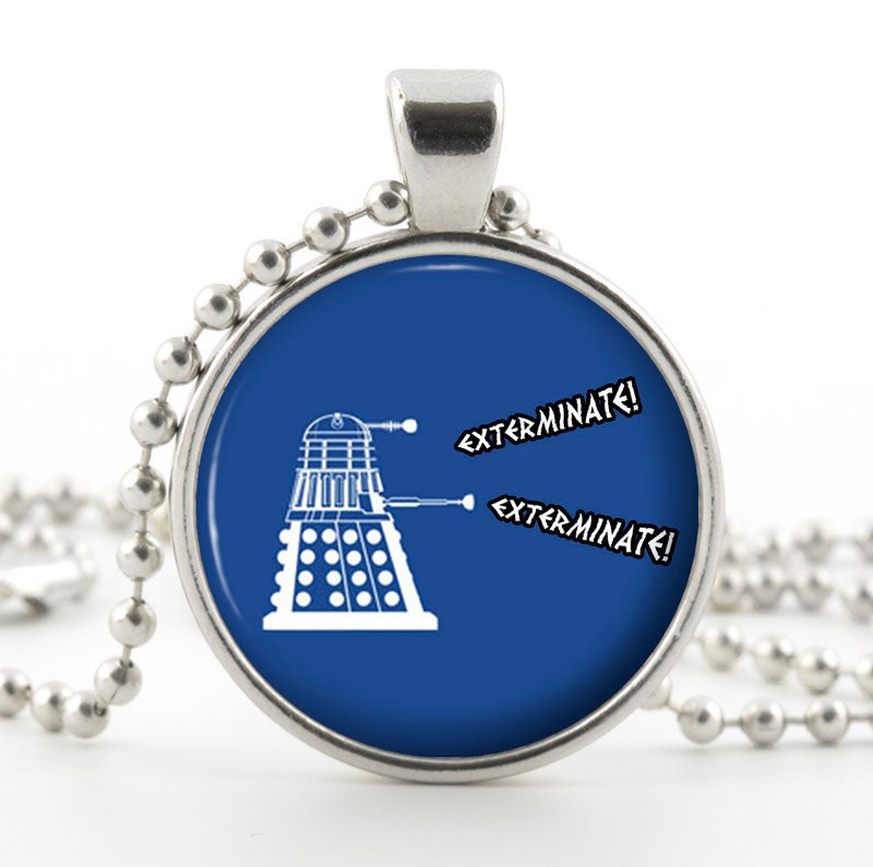 Dr Who Dalek Pendant - Silver Necklace - Glass Picture Pendant Science Fiction Dalek Art with Chain and Gift Bag - Dr Who Jewellery