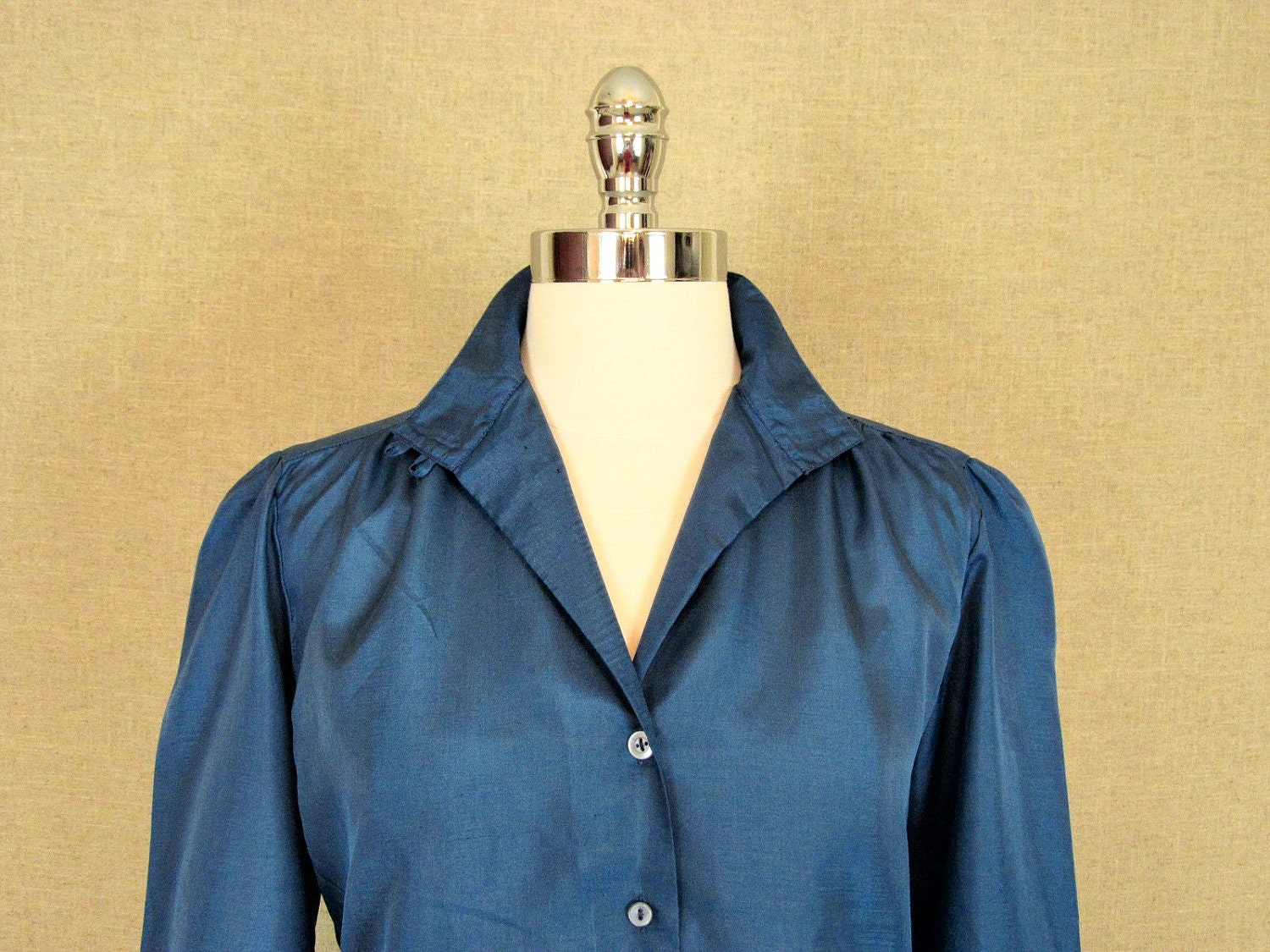 Vintage Blouse / 1980s Teal Blouse with Collar