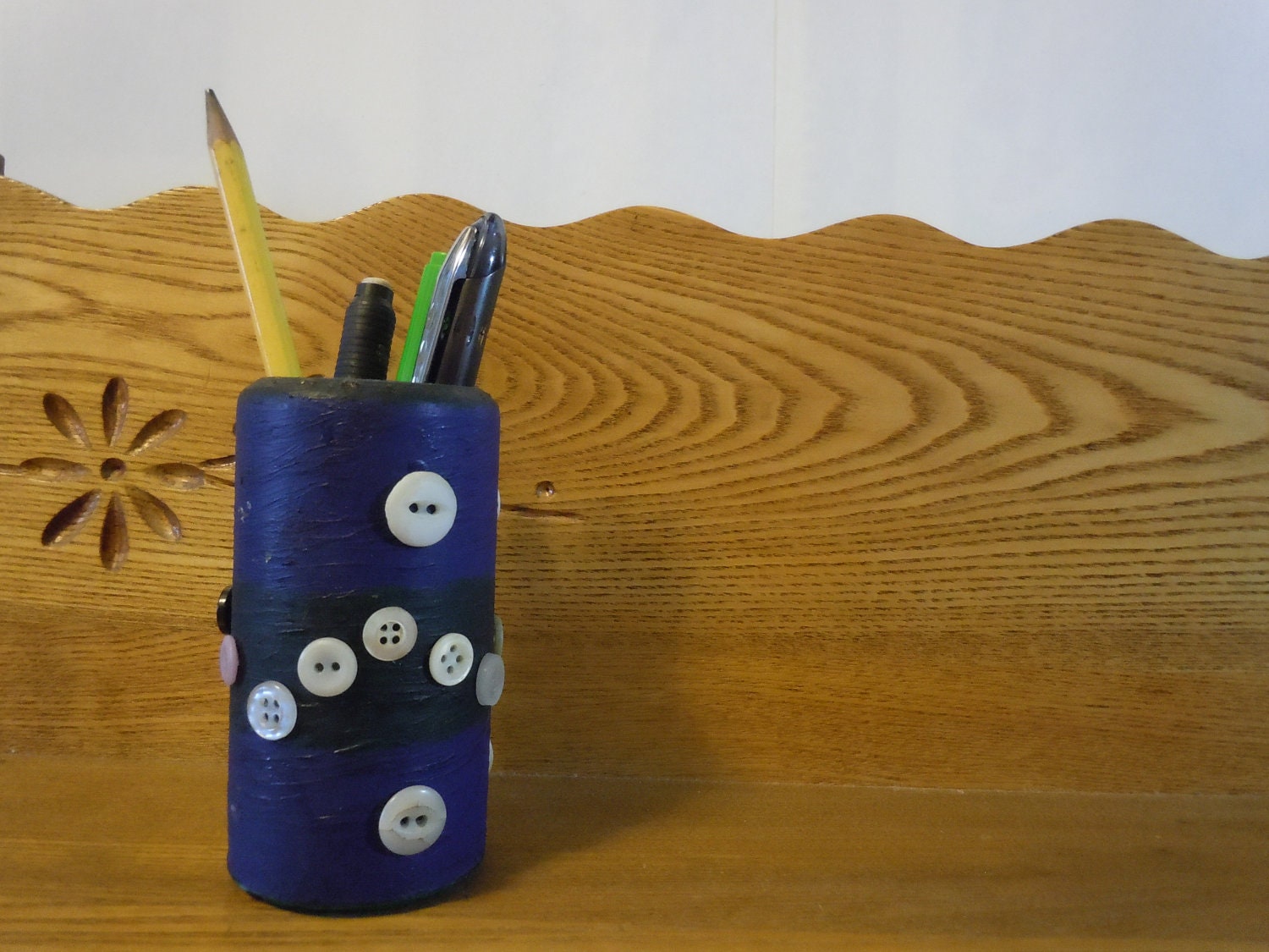 Button-Up Pencil Holder - Recycled Wooden Pencil Holder - Plastic Pencil and Pen Holder - Colored Painted Housewares - Office Supplies
