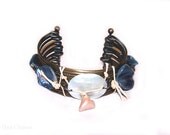 Mother of Pearl Natural BoHo White Hand Carved Oval Shell Focal  Blue Stone Heart Charm Bohemian  Bangle Cuff Bracelet