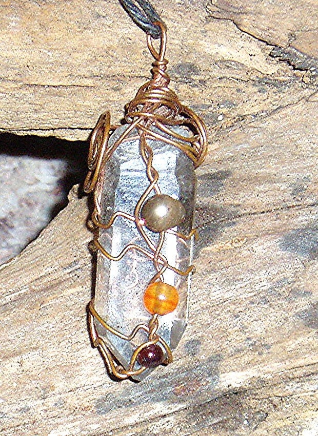 Natural smokey quartz crystal, wire wrapped with gemstones, Hand made, Unique.