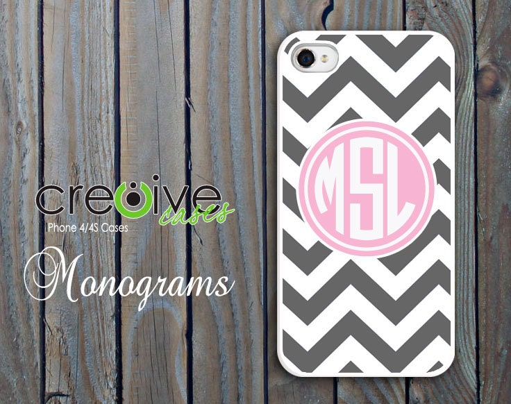 monogram iphone 4 case - iphone 4s case - plastic Pink and Grey Chevron pattern