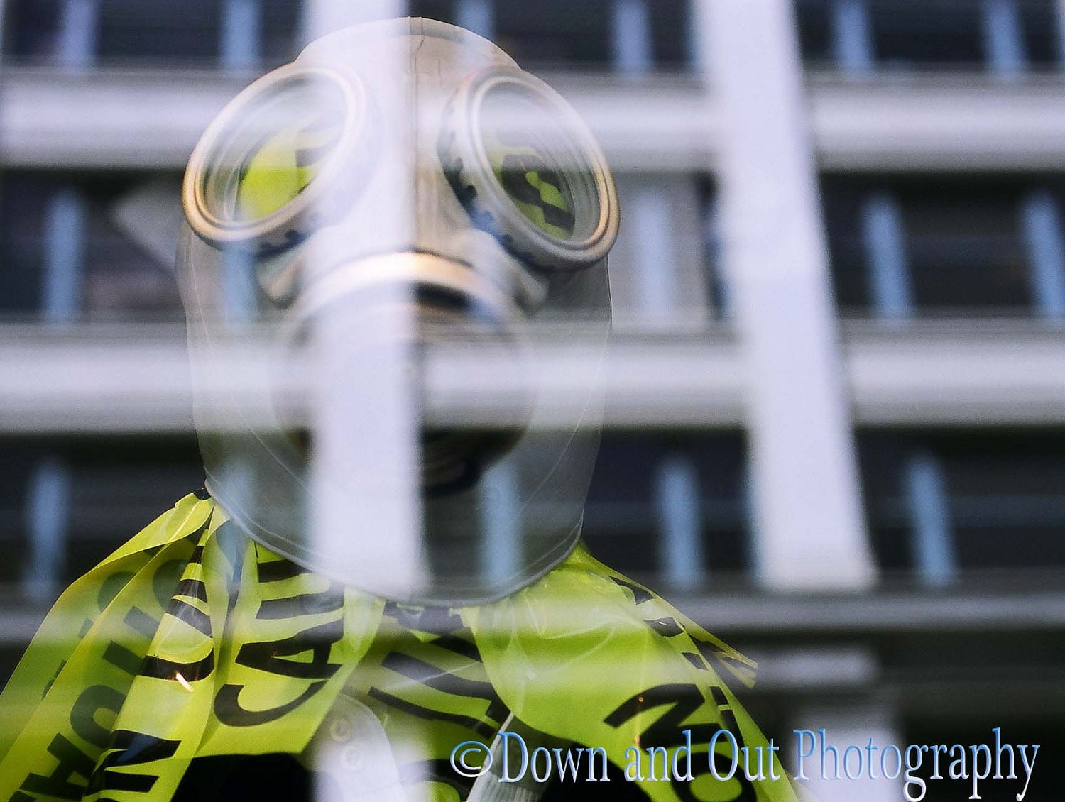 8 x 12 Gas Masked, Caution Taped Mannequin Looking Out - DownAndOutPhoto